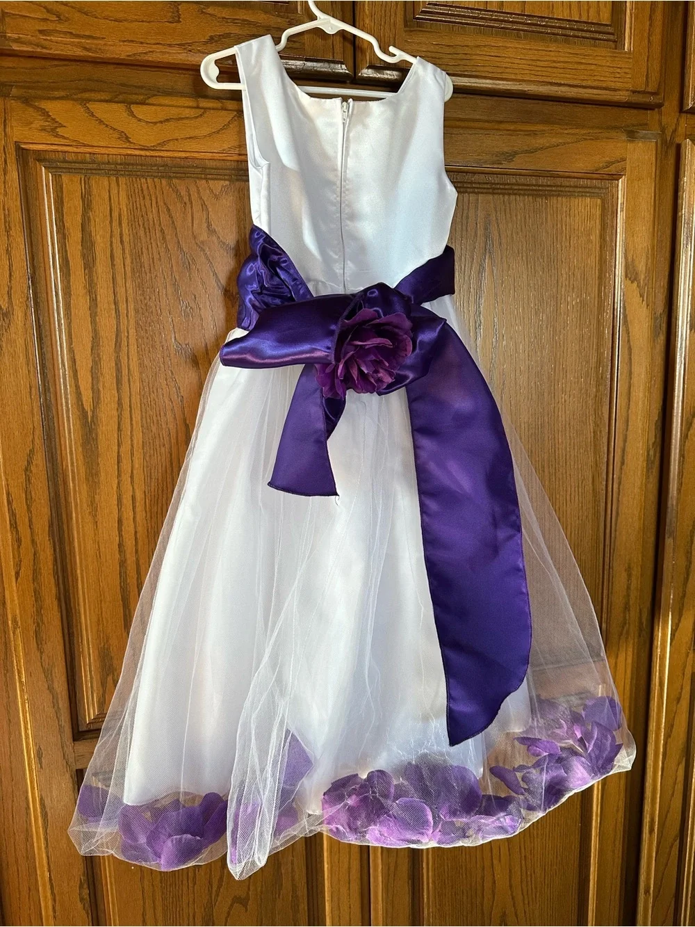 White satin and tulle purple flowers girls dress